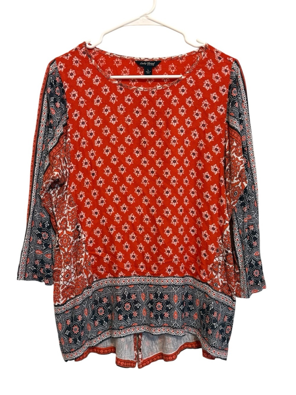 2/$30 Lucky Brand Boho Mixed Print Tunic Top Size Large Red Navy 3/4 Sleeve